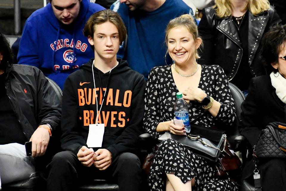 Kate Hudson and her son Ryder Robinson are spotted at the Los Angeles Clippers vs. Portland Trail Blazers basketball game on Thursday at the Staples Center in L.A.