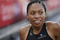 Allyson Felix reacts to her second place in the women's 400-meter run at the U.S. Olympic Track and Field Trials Sunday, June 20, 2021, in Eugene, Ore. (AP Photo/Ashley Landis)