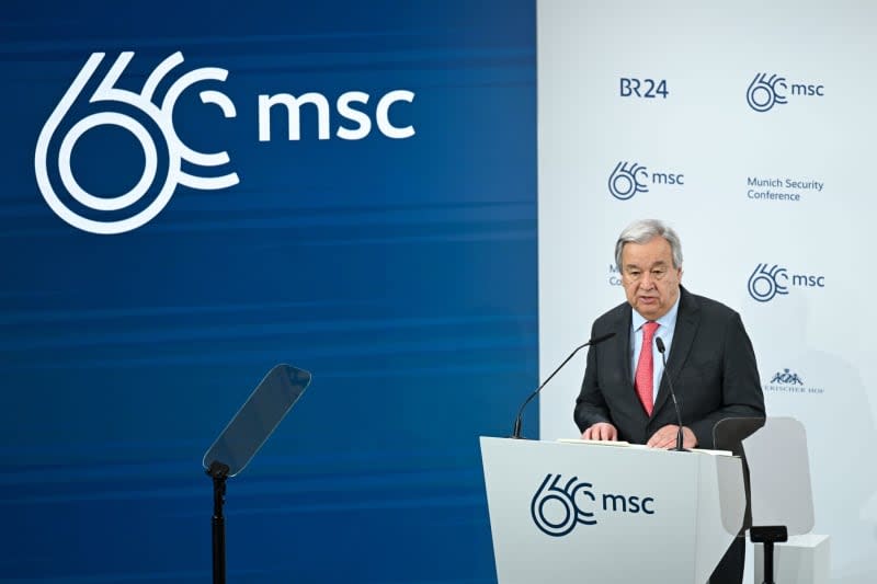 Antonio Guterres, UN Secretary-General, delivers a speech at the Munich Security Conference. Around 50 heads of state and government and more than 100 ministers from all over the world are expected to attend the 60th Munich Security Conference at the Hotel Bayerischer Hof from Friday to Sunday. Tobias Hase/dpa