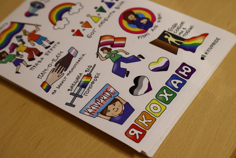 KyivPride stickers are kept on a table in preperation to be handed out during the KyivParade and Warsaw Equality Parade 2022, in Warsaw