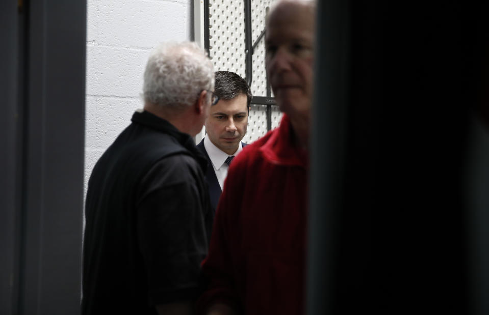 Democratic presidential candidate Pete Buttigieg waits to speak at a culinary workers union hall Saturday, Jan. 11, 2020, in Las Vegas. (AP Photo/John Locher)