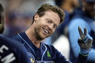 Tampa Bay Rays' Brett Phillips reacts after his home run off Detroit Tigers starting pitcher Beau Brieske during the fifth inning of a baseball game Tuesday, May 17, 2022, in St. Petersburg, Fla. (AP Photo/Chris O'Meara)