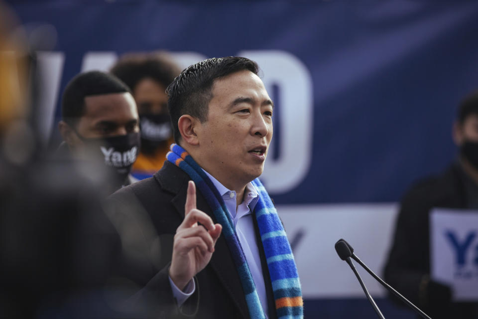 Andrew Yang announces his run for New York Mayor during a news conference in Morningside Park on Thursday, Jan. 14, 2021, in New York. (AP Photo/Kevin Hagen).