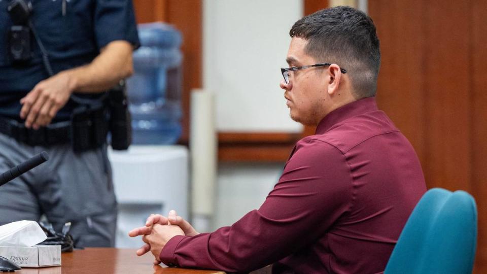 Raul Cuevas, sits stoically during his sentencing hearing at the Ada County Courthouse,. He was found guilty by jury for fatally stabbing Jesus Urrutia in March 2023.
