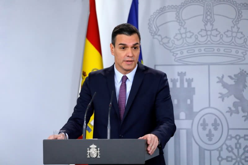 TOSpain's PM Sanchez attends a news conference after the first cabinet meeting at the Moncloa Palace in Madrid