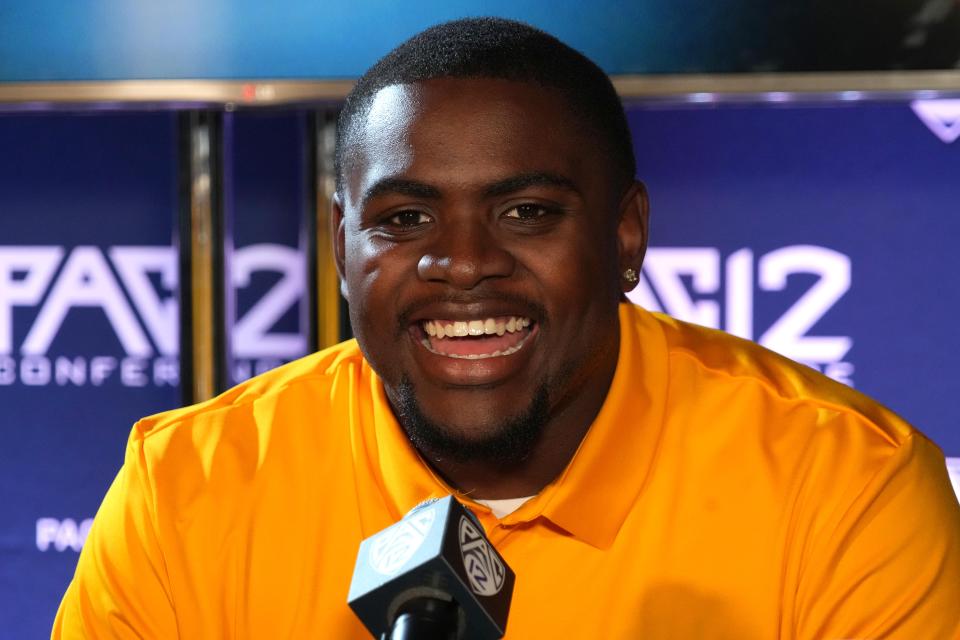 Jul 29, 2022; Los Angeles, CA, USA; Arizona State Sun Devils lineman LaDarius Henderson during Pac-12 Media Day at Novo Theater.