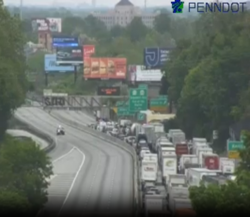 A Pennsylvania Department of Transportation camera shows I-95 with lane closures at the Commodore Barry Bridge exit Tuesday afternoon