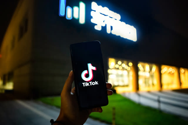 BEIJING, CHINA - AUGUST 09: A mobile phone screen shows video app TikTok in front of the headquarters of digital media company ByteDance on August 9, 2020 in Beijing, China. (Photo by Yan Guolin/VCG via Getty Images)