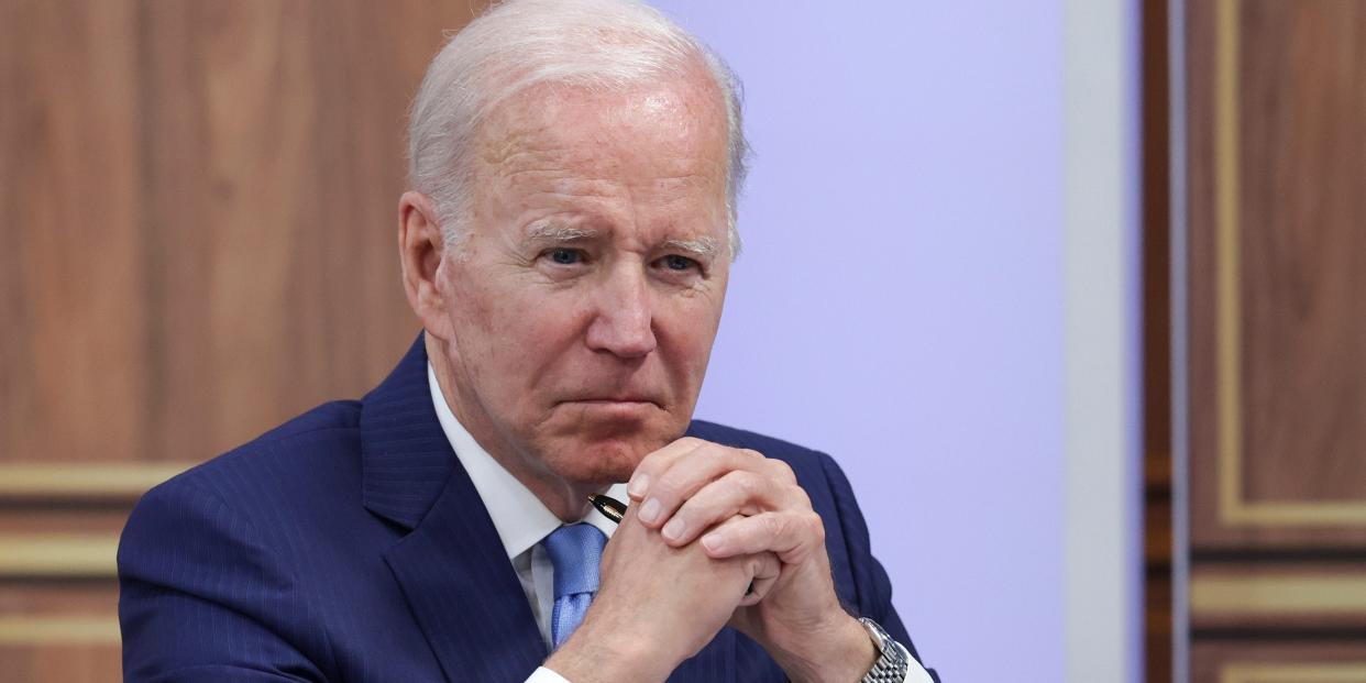 U.S. President Joe Biden meets virtually with baby formula manufacturers at the Eisenhower Executive Office Building on June 01, 2022 in Washington, DC. Biden, along with other administration officials, met with executives from manufacturers including ByHeart, Bubs Australia, Reckitt, Perrigo Company and Gerber to discuss the ongoing baby formula shortage.