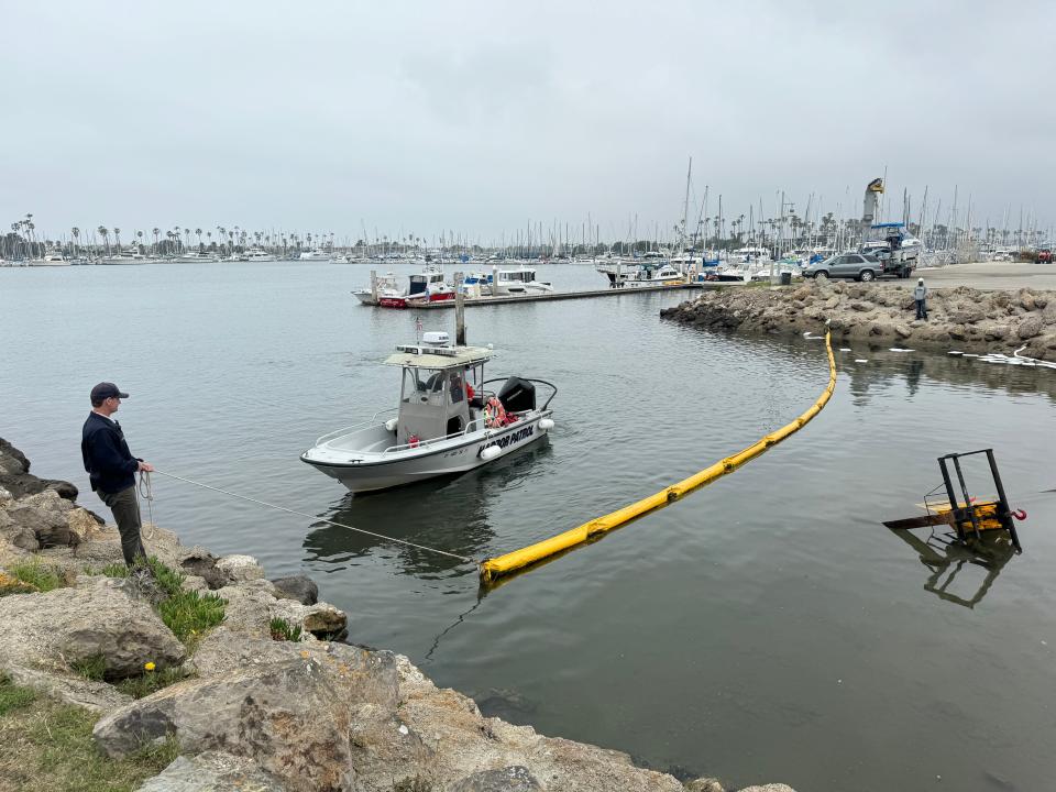 The Ventura County Harbor Patrol deployed a boom and absorbent pads after a toppled forklift spilled hydraulic fluid at Channel Islands Harbor on Monday.