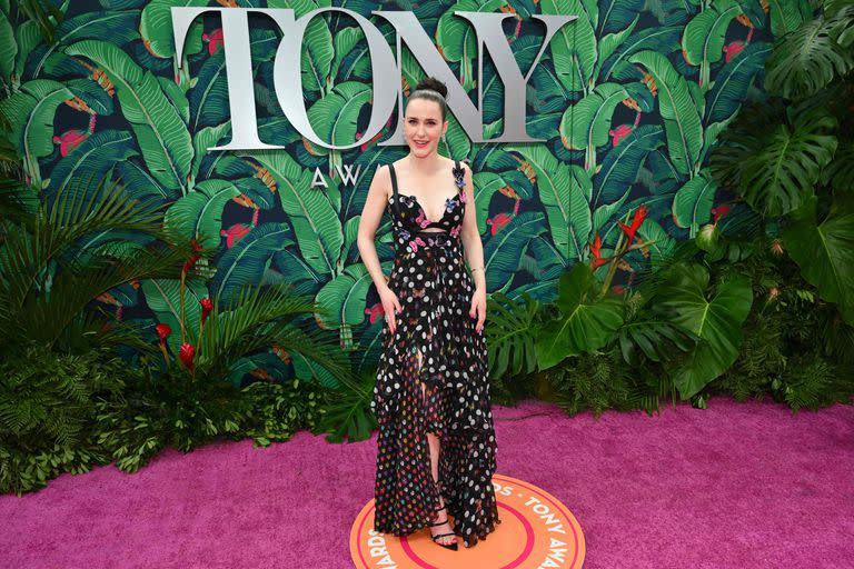 Rachel Brosnahan también optó por un vestido estampado para esta gran gala. La actriz estrenó este modelo propio de la cápsula de Dua Lipa para Versace de falda asimétrica y estampado con lunares y mariposas. Lo acompañó con unas sandalias de tiras en punta y un peinado recogido en un rodete 