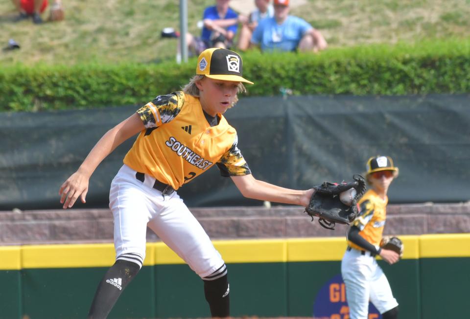 Nolensville Little League shortstop Nash Carter fields a ground ball for an out at first in the third inning at the Little League World Series in South Williamsport, Pennsylvania on Monday, August 21, 2023.