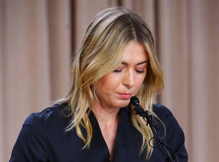 Mar 7, 2016; Los Angeles, CA, USA; Maria Sharapova speaks to the media announcing a failed drug test after the Australian Open during a press conference today at The LA Hotel Downtown. Jayne Kamin-Oncea-USA TODAY Sports