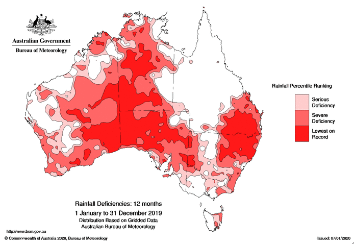 About 25 per cent of Australia suffered its lowest rainfall on record in 2019. Source: BOM