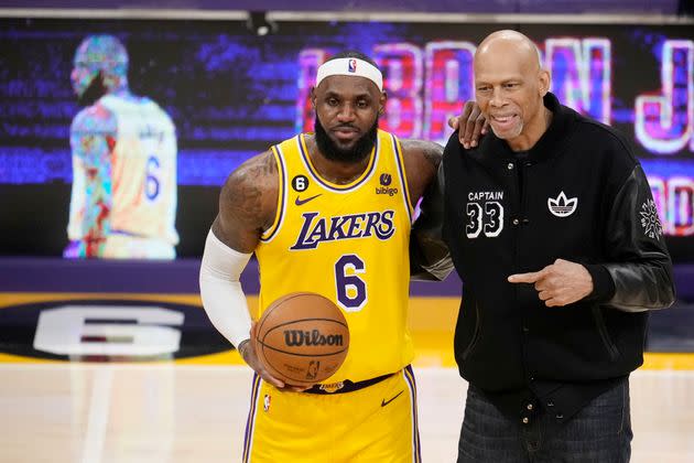 LeBron James and Kareem Abdul-Jabbar after James become the NBA's all-time leading scorer during a game against the Oklahoma City Thunder on Tuesday, Feb. 7, 2023, in Los Angeles.