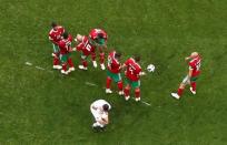 Soccer Football - World Cup - Group B - Portugal vs Morocco - Luzhniki Stadium, Moscow, Russia - June 20, 2018 Morocco players form a wall to defend a free kick REUTERS/Kai Pfaffenbach