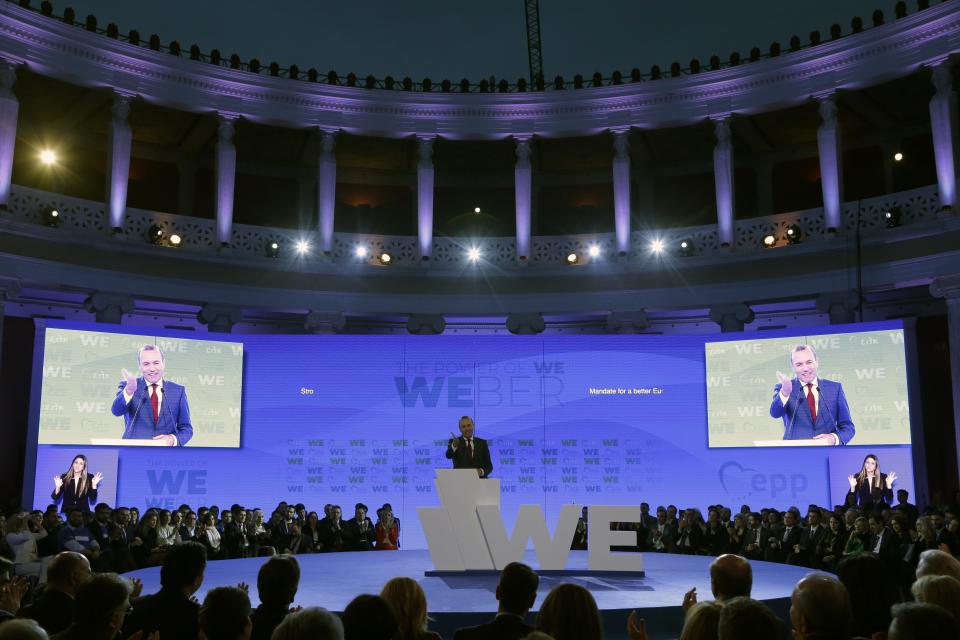 European People's Party candidate Manfred Weber delivers a speech at Zappeio Congress Hall in Athens on Tuesday, April 23, 2019. Weber is in Greece for the official launch of his campaign for the May 23-26 European Parliament elections. (AP Photo/Thanassis Stavrakis)