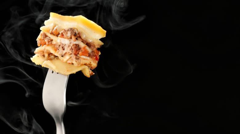 Piece of lasagna on a fork