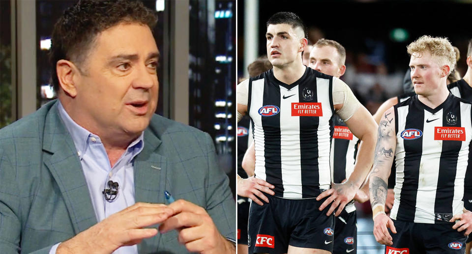 Pictured left is AFL great Garry Lyon and Collingwood players on the right.