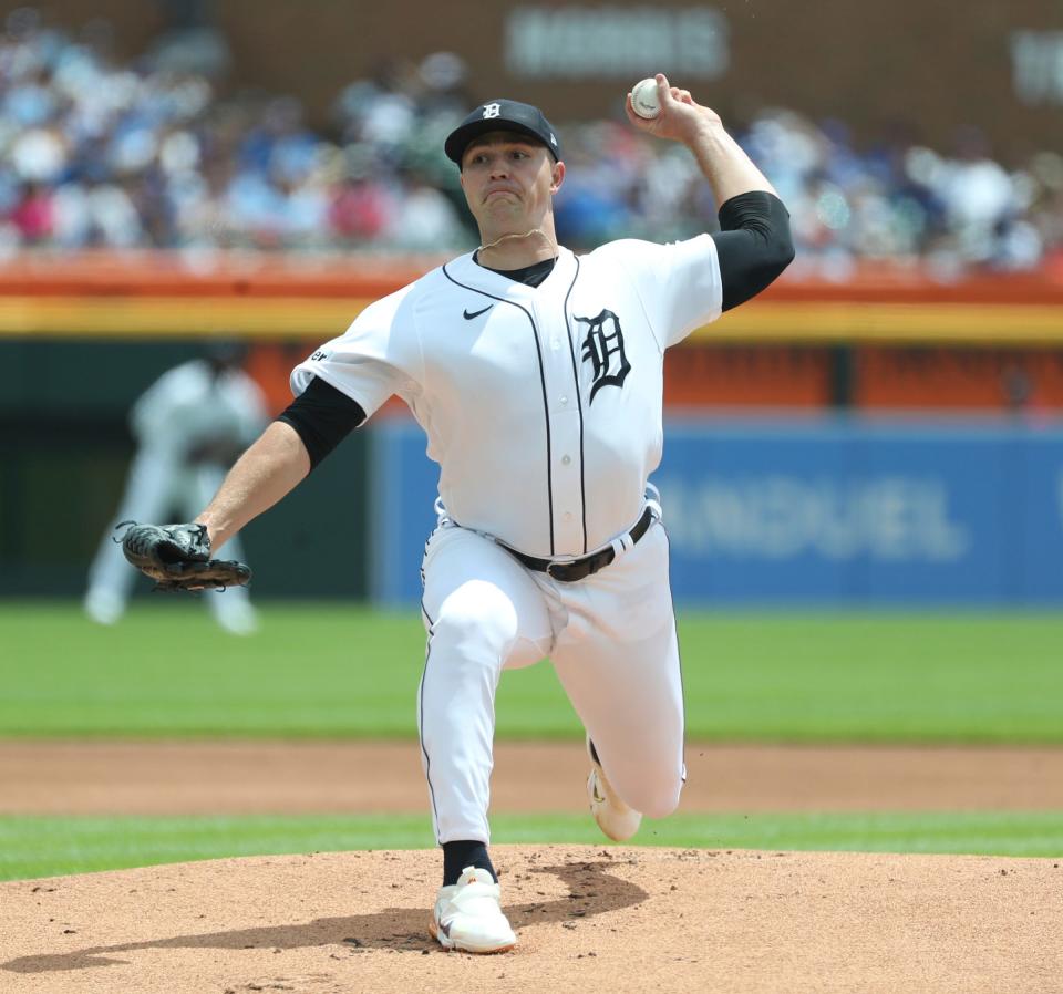 Detroit Tigers starter Tarik Skubal pitches against the Toronto Blue Jays during first inning action Sunday, July 9, 2023.