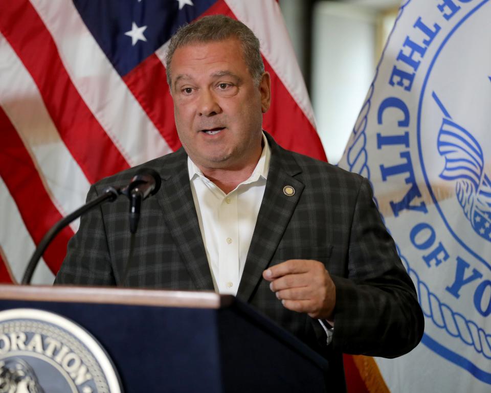 Yonkers Mayor Mike Spano delivers remarks as the City of Yonkers commemorates that May is Mental Health Awareness Month, during an event at Yonkers City Hall, May 4, 2023. 