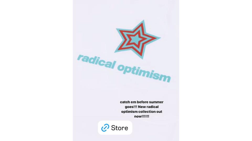 Dua announced her Radical Optimism merchandise on Instagram