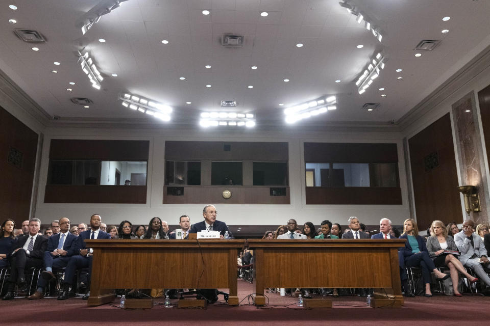 Former Starbucks CEO Howard Schultz testifies before the Senate Health, Education, Labor and Pensions committee, Wednesday, March 29, 2023, on Capitol Hill in Washington. (AP Photo/Jacquelyn Martin)
