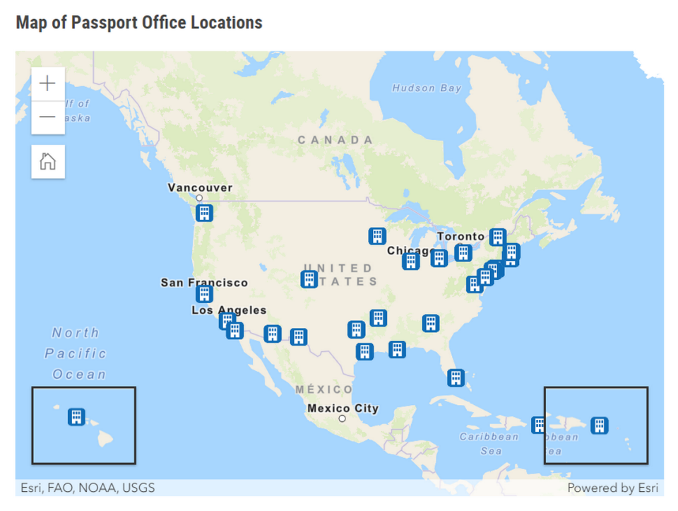 A map of passport offices. The closest locations to Kansas City are Hot Springs, Arkansas, and Chicago.