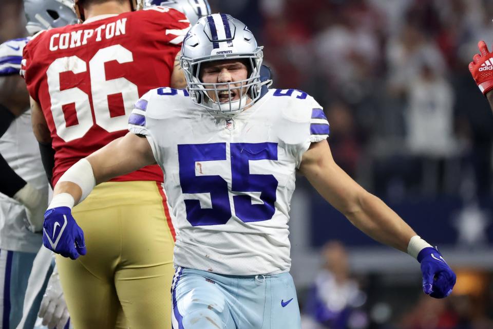 Dallas Cowboys outside linebacker Leighton Vander Esch (55) reacts after a tackle against the San Francisco 49ers.