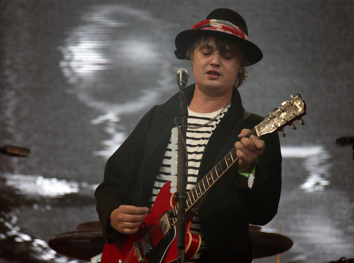 Pete Doherty of The Libertines performs on the Pyramid stage during Glastonbury Music Festival on Friday, June 26, 2015 at Worthy Farm, Glastonbury, England. (Photo by Joel Ryan/Invision/AP)