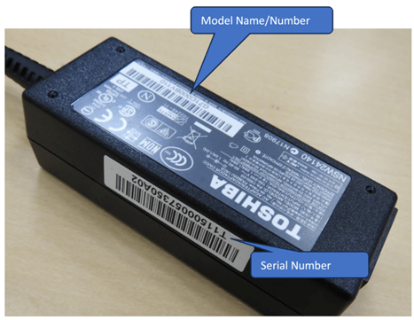 Recalled Toshiba AC Adapter with model name/number and serial number location (Courtesy U.S. Consumer Product Safety Commission)