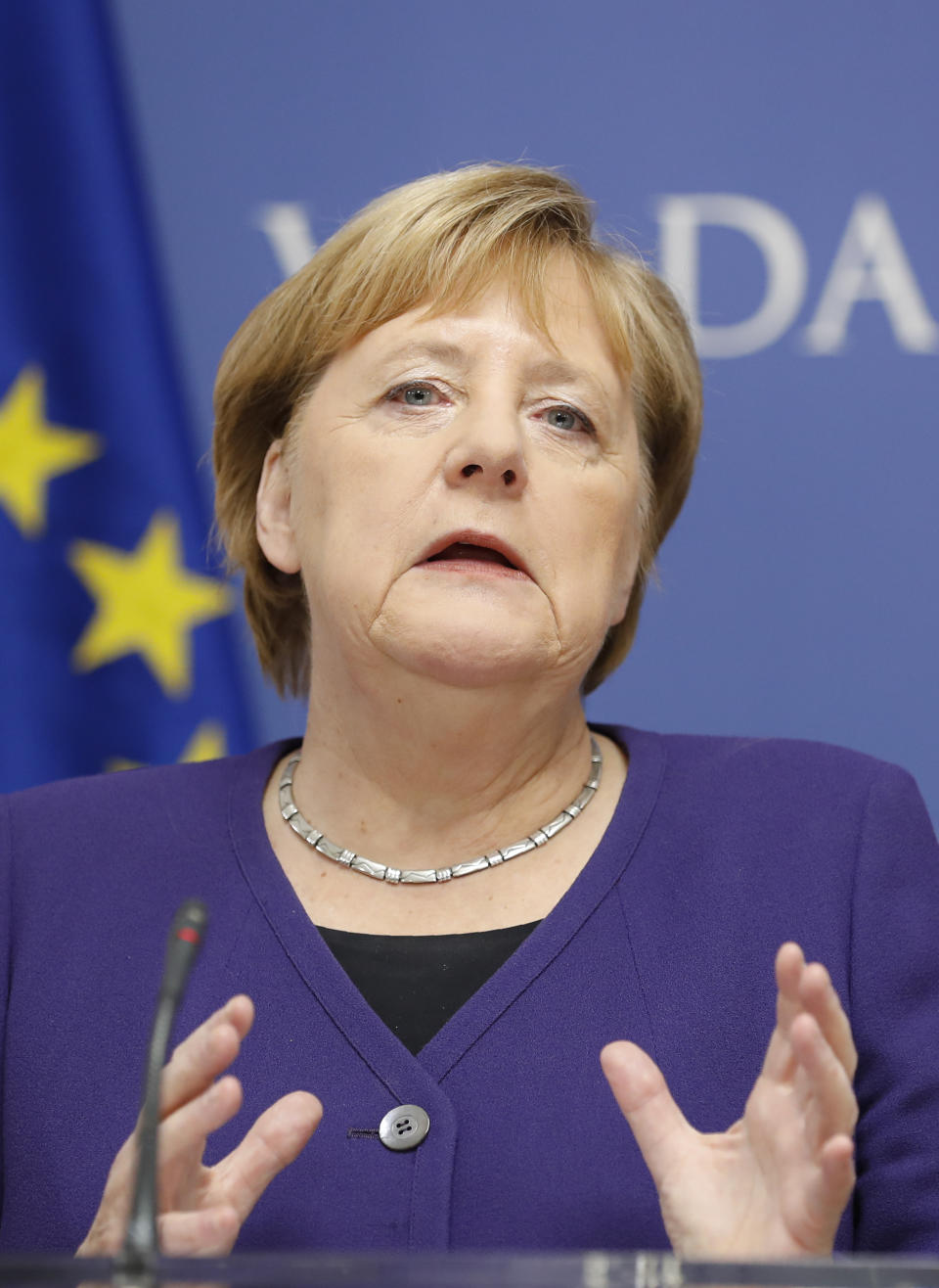 German Chancellor Angela Merkel gestures during a joint press conference with Croatia's prime minister Andrej Plenkovic in Zagreb, Croatia, Wednesday, Nov. 20, 2019. Merkel attends the European Peoples Party (EPP) congress in the Croatian capital.(AP Photo/Darko Bandic)