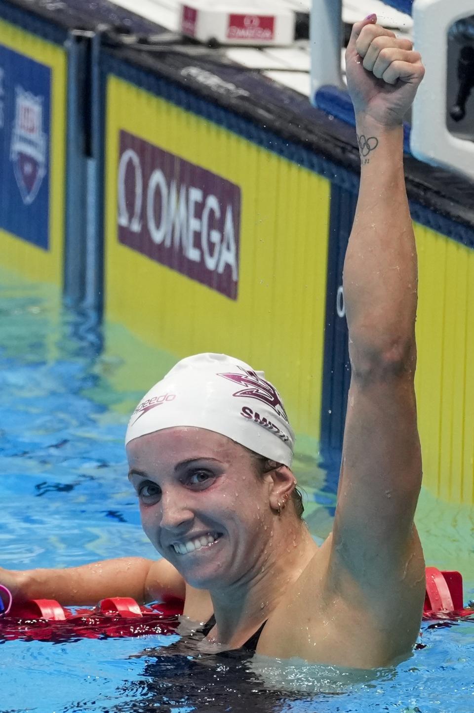 Regan Smith reacts after winning the Women's 200 backstroke finals Friday, June 21, 2024, at the US Swimming Olympic Trials in Indianapolis. (AP Photo/Darron Cummings)