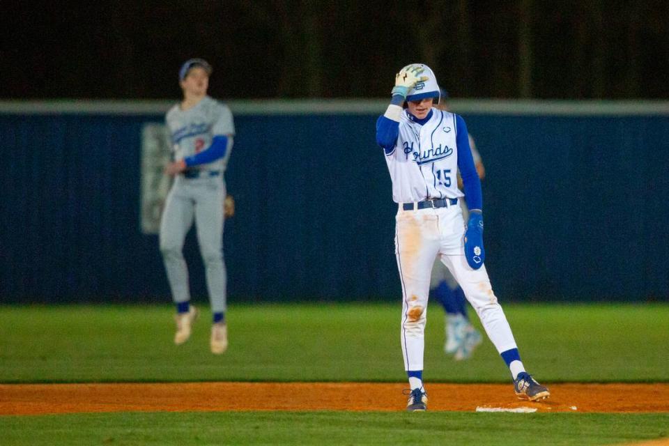 Ocean Springs’ AJ Rossi makes it to second base during a game against Jackson Prep in Ocean Springs on Monday, March 11, 2024.