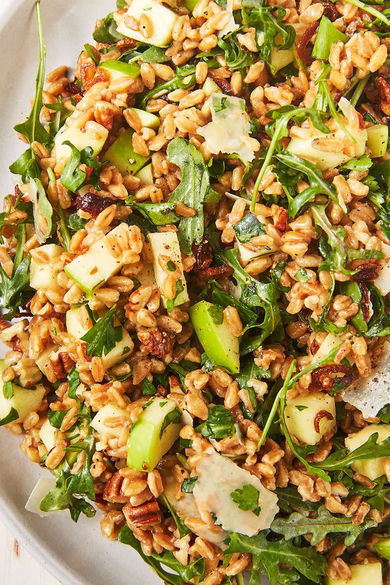 <p>With nuts, cheese, fruit, and leafy greens, this salad really feels like a full meal—AKA a meal prepper's dream. It makes the perfect not-so-sad desk lunch. </p><p>Get the <a href="https://www.delish.com/uk/cooking/recipes/a29891118/best-farro-salad-recipe/" rel="nofollow noopener" target="_blank" data-ylk="slk:Farro Salad;elm:context_link;itc:0;sec:content-canvas" class="link ">Farro Salad</a> recipe.</p>