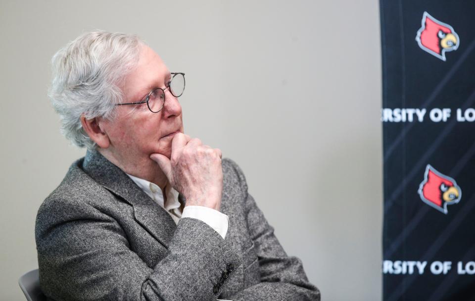 Kentucky Sen. Mitch McConnell during a UofL announcement Thursday morning of $20 million in federal funding for cybersecurity training.  Jan. 19, 2023 