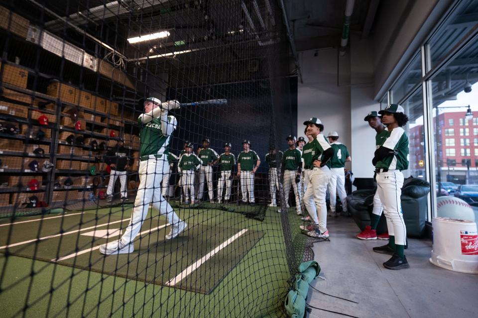 Burncoat's Jack King swings in batting practice before the Patriots faced North High at Polar Park on Monday April 8, 2024.