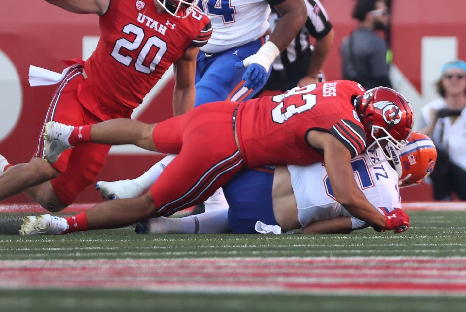 Utah Utes defensive end Jonah Elliss (83) sacks Florida Gators quarterback Graham Mertz (15) in Salt Lake City on Thursday, Aug. 31, 2023 during the season opener. | Jeffrey D. Allred, Deseret News