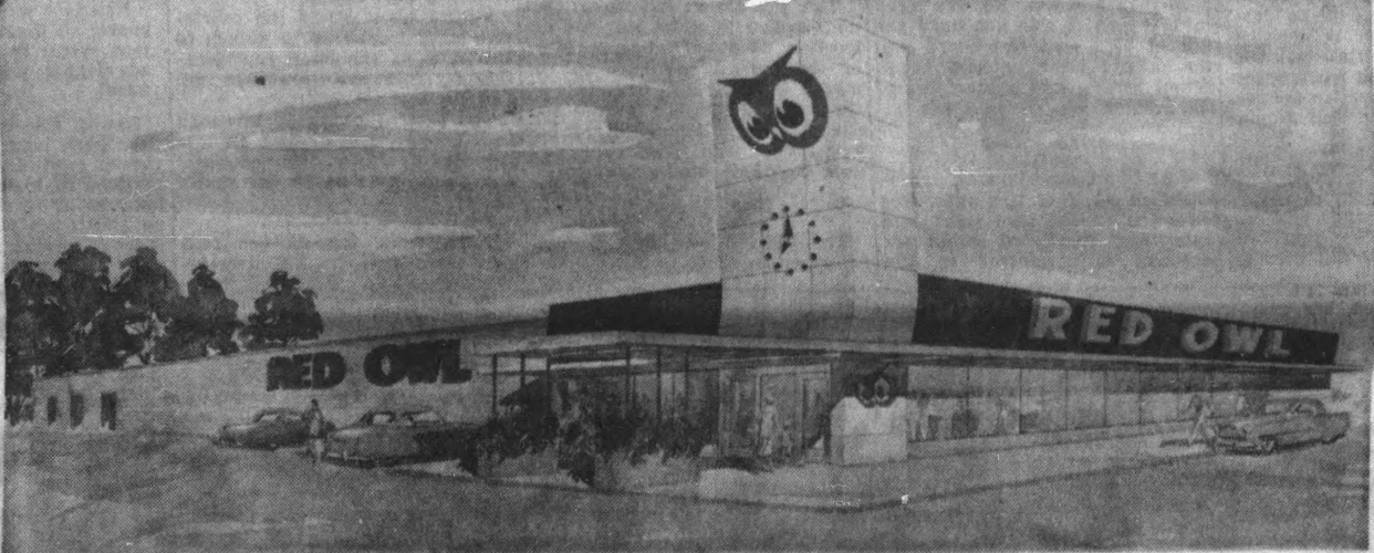 Shown is an architect’s drawing for a new Red Owl Grocery store to open at 8th & Indiana in 1954.