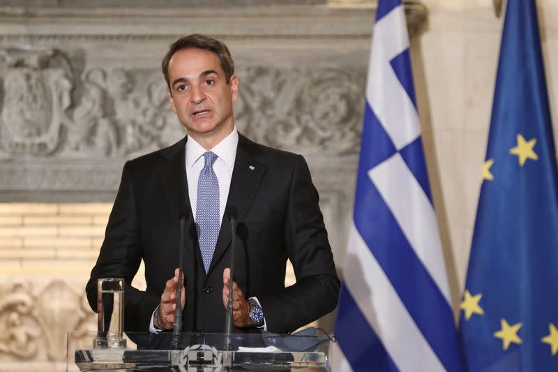 Greek Prime Minister Kyriakos Mitsotakis speaks during a joint news conference with Egyptian President Abdel Fattah al-Sisi at Maximos Mansion in Athens