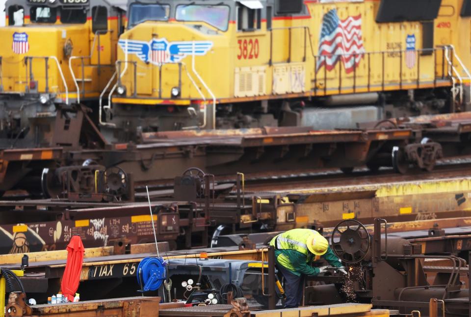 los angeles, california   november 21 a worker is viewed in a union pacific intermodal terminal rail yard on november 21, 2022 in los angeles, california a national rail strike could occur as soon as december 5 after the nation’s largest freight rail union, smart transportation division, voted to reject the biden administration’s contract deal about 30 percent of the nation’s freight is moved by rail with the association of american railroads estimating that a nationwide shutdown could cause $2 billion a day in economic losses photo by mario tamagetty images