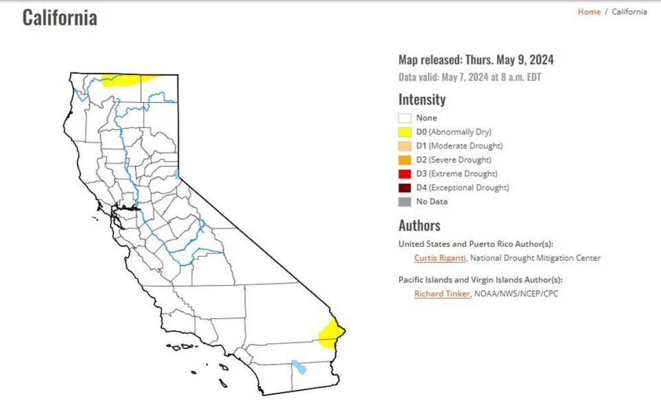 California’s drought status as of Tuesday, May 7, 2024, according to the U.S. Drought Monitor.