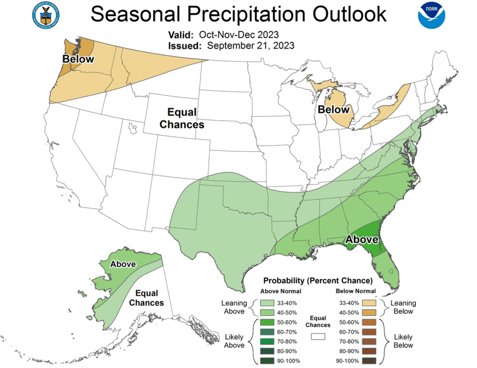 National Oceanic and Atmospheric Administration forecasts an equal chance of rainfall this fall and winter in California, between October and December. The seasonal outlook was issued Sept. 21, 2023.