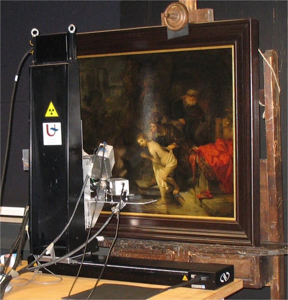 A macro X-ray fluorescence scanner next to the Rembrandt painting, 'Susanna and the Elders,' at the Gemäldegalerie museum in Berlin.