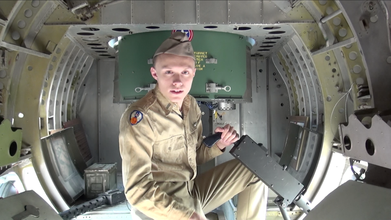 Chris Billings is shown in the waist gunner position of Charly’s Jewel, a B-26 Marauder from World War II at the MAPS Air Museum in Green. He is wearing an authentic World War II uniform with the correct patch for the 9th Army Air Force.