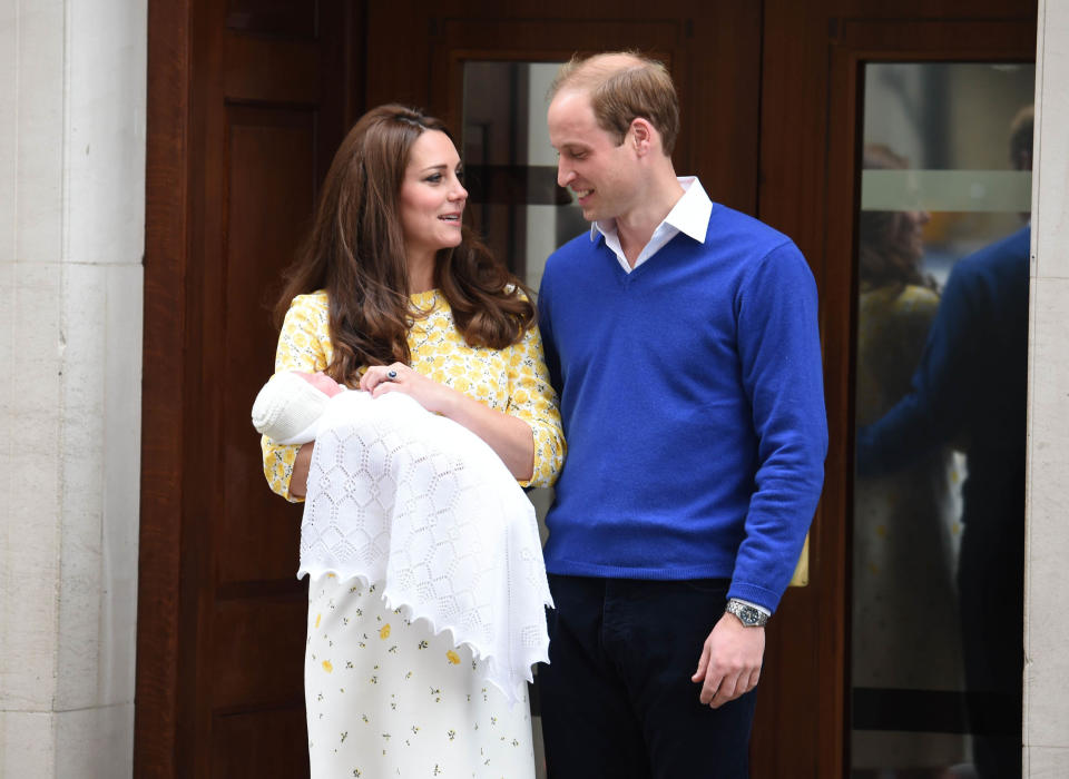 Photo by: KGC-03/STAR MAX/IPx The Princess of Cambridge is seen outside the Lindo Wing of St. Mary's Hospital with her parents Prince William The Duke of Cambridge and Catherine The Duchess of Cambridge.  The Princess was born on Saturday, May 2nd, 2015 at 8:34 AM weighing 8lbs. 3oz. (Star Max/IPX via AP Images)