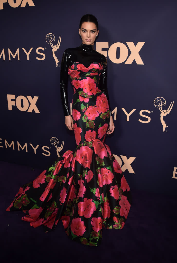 Kylie Jenner opted for subtle PVC arm detailing at the Emmy awards in 2019. (Getty Images)
