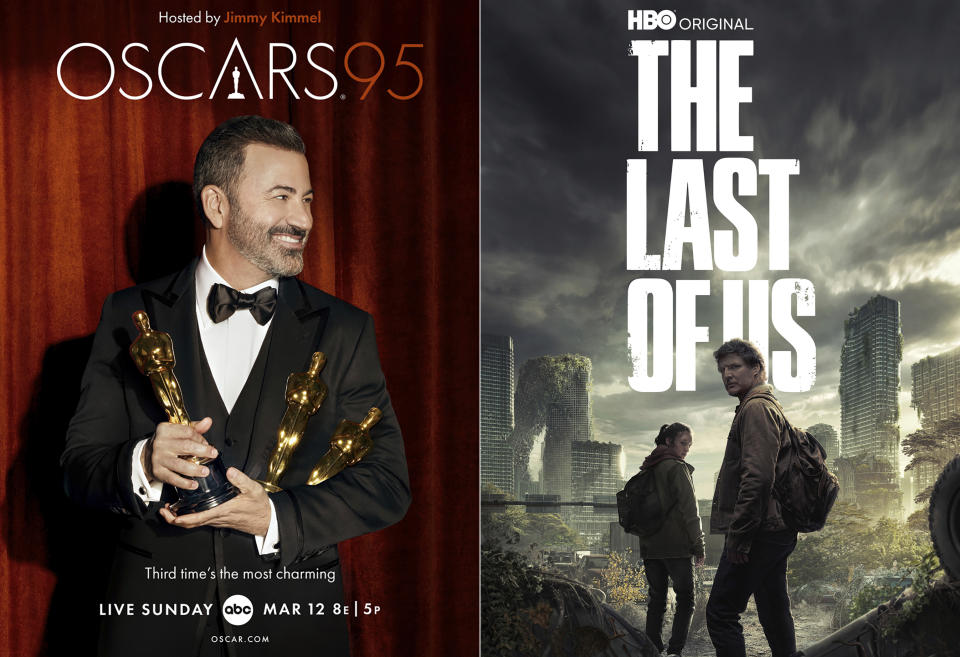 This combination of photos shows promotional art for the 95th Academy Awards, airing Sunday on ABC, left, and the HBO series "The Last of Us, airing Sunday on HBO. (ABC/HBO via AP)