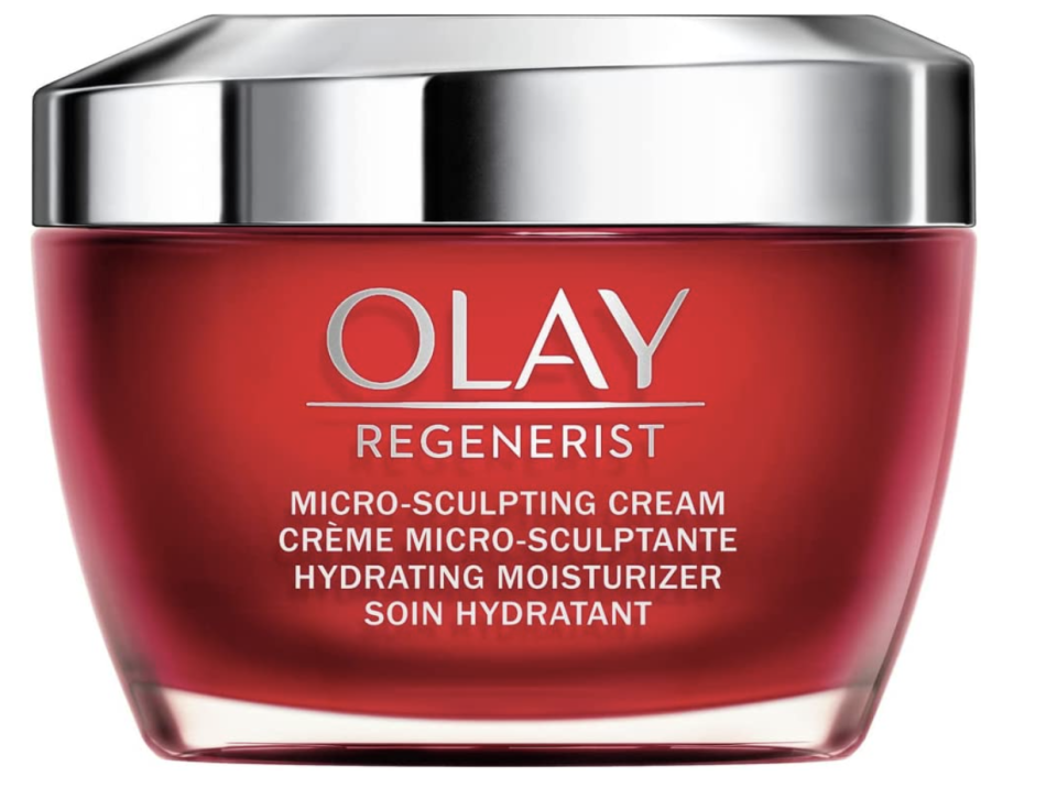 anti-aging, Olay Regenerist Micro-Sculpting Face Cream in red package with silver lid (Photo via Amazon)