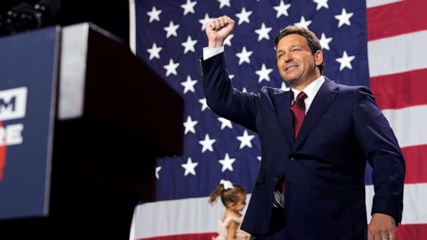 PHOTO: Incumbent Florida Republican Gov. Ron DeSantis arrives to speak to supporters at an election night party after winning his race for reelection in Tampa, Fla., Nov. 8, 2022. (Rebecca Blackwell/AP, FILE)